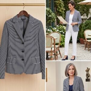 Talbots Size M Navy Two Button Blazer Floral Trim Cuffs Preppy